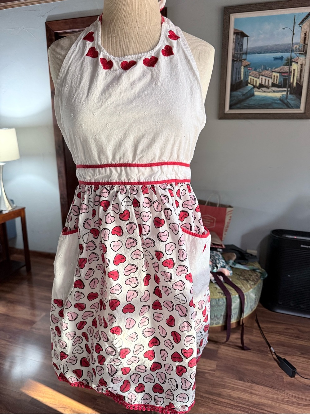 Sur La Table Pink and Red Heart Apron